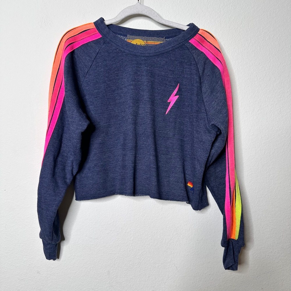 Aviator Nation Womens‎ Cropped Sweatshirt Neon Rainbow Stripe Lightning Bolt S